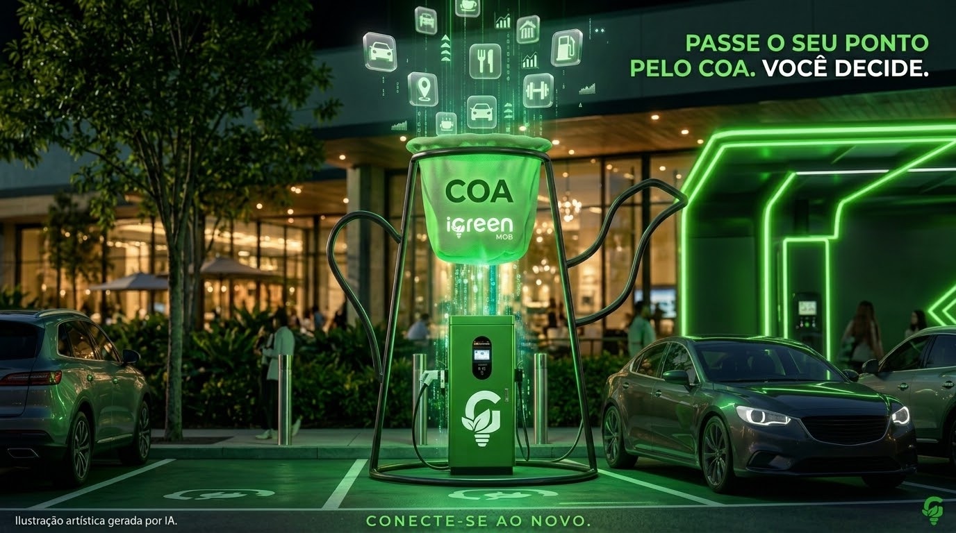 Ilustração artística gerada por IA: estação de recarga iGreen MOB em um estacionamento comercial, como conceito visual do COA